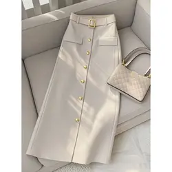 Autumn Solid Color Simplicity Office Lady Slim High Waist Skirt Women Winter Elegant Temperament All-match Trend A-line Skirt
