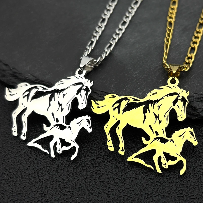 Großes Pferd mit Pony-Anhänger-Halskette für Damen und Herren, Edelstahl, Tier, laufende hohle Halsketten, Schmuck, Geburtstagsgeschenke