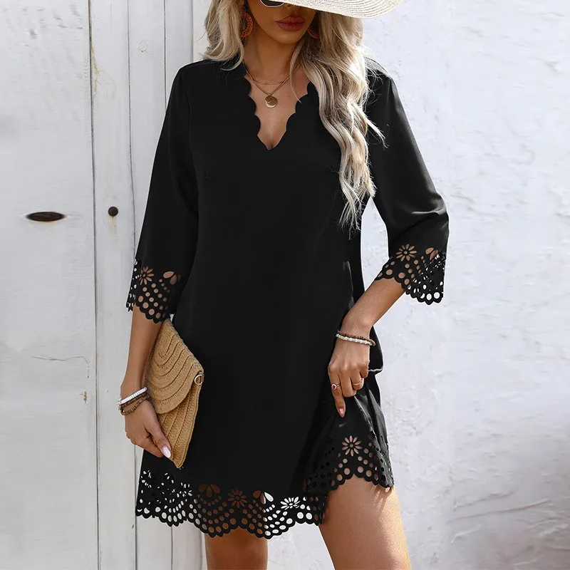 

Summer Women Dresses New In Short Sleeve Hollow Splic Black Beach Dress Women's Clothing Fashion Holiday Casual Loose Midi Dress