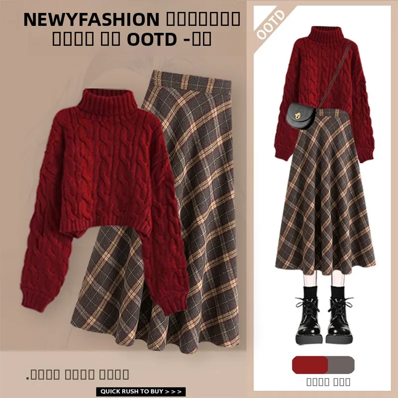 

Chinese New Year Women's Fashion Set Red Twist Knit Sweater Plaid Skirt Two-Piece Suit Early Spring New Arrival