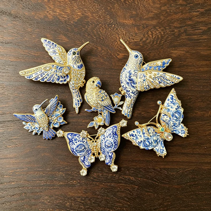 Blue and White Porcelain Style Animal Brooch Rhinestone Enamel Lapel Pins Vintage Costume Jewelry for Women Scarf Coat Decor view 5