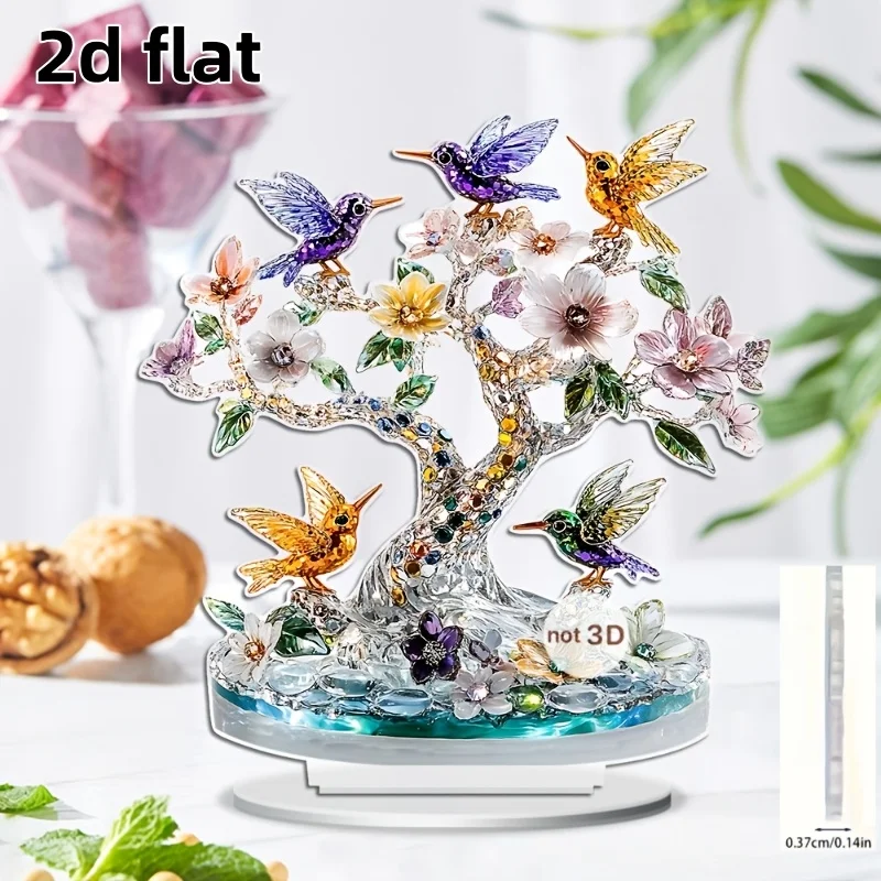2D Flat, One 2D Flat Gemstone Hummingbird Garden Tree Acrylic Three-dimensional Ornament, Featuring a Crystal-clear Branch with