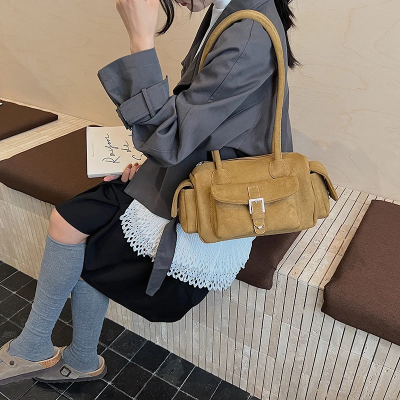 Multi-pockets Mini Shoulder Bags For Women Faux Suede Pure Color Satchels Bag 2025 Autumn New Casual Street Small Square Handbag