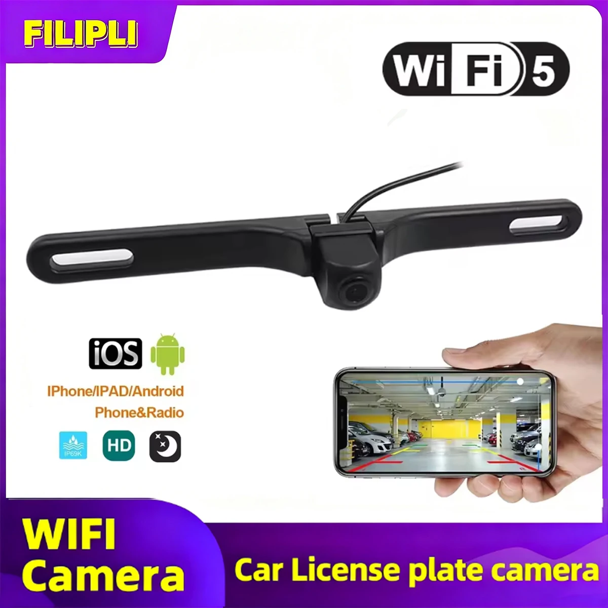 Автомобильная беспроводная Wi-Fi камера 5G 170 °   Общие двигатели, камера заднего вида для номерного знака, камера заднего вида, HD, водонепроницаемая камера ночного видения