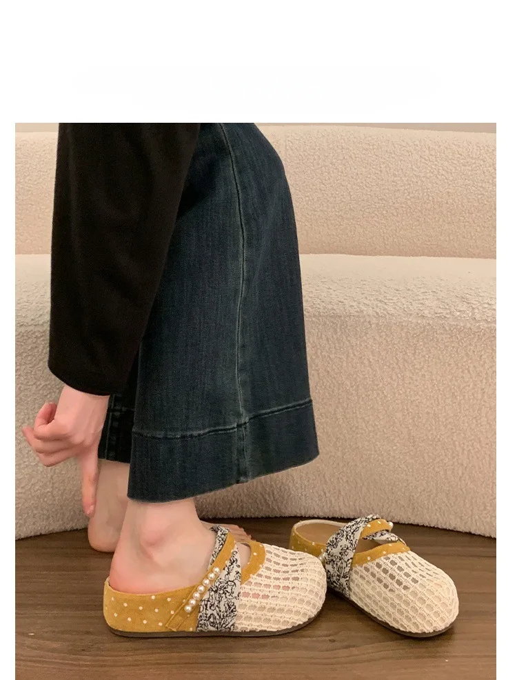 Atmungsaktive Mesh-Halbpantoffeln für Damen, Französische Polka-Dot-Perlen-Slip-On-Slides, Weiche Sohle, Geschlossene Zehenpartie, Geeignet für Breite Füße – Detail 17