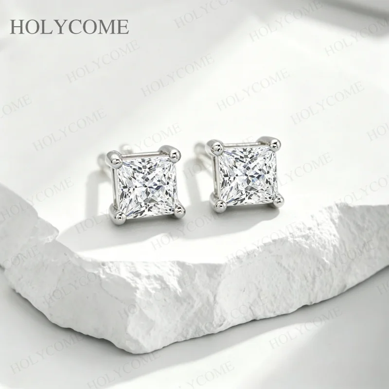 Moissanit-Diamant-Ohrringe, Princess-Schliff, D-Farbe, VVS1, 925 Sterling Silber Ohrstecker für Damen, Modeschmuck Geschenk – Detail 8