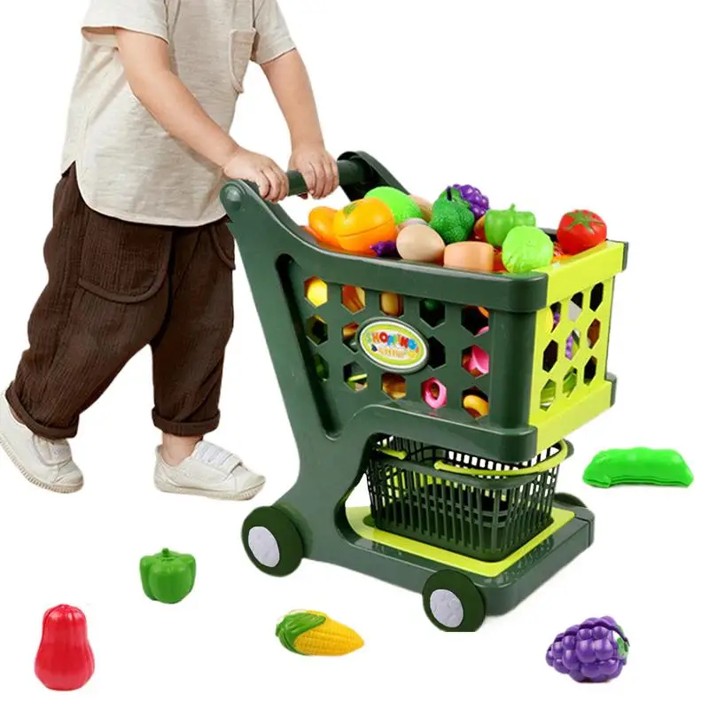 Shopping Cart Toy For Child Grocery Toy Round Wheel Design Kids Shopping Cart Trolley Supermarket Simulation Fruit Food Trolley