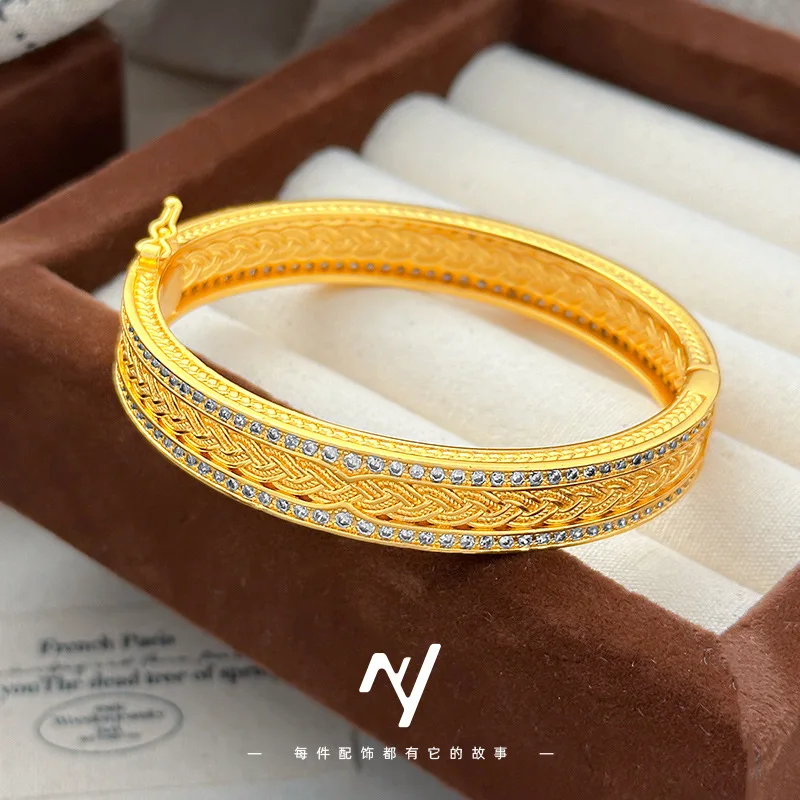 Flower Silk Bridge 9999 24K Real Gold Bracelet New Light Luxury Design Sense Point Diamond Wheat Ear Pattern Snap Bracelet