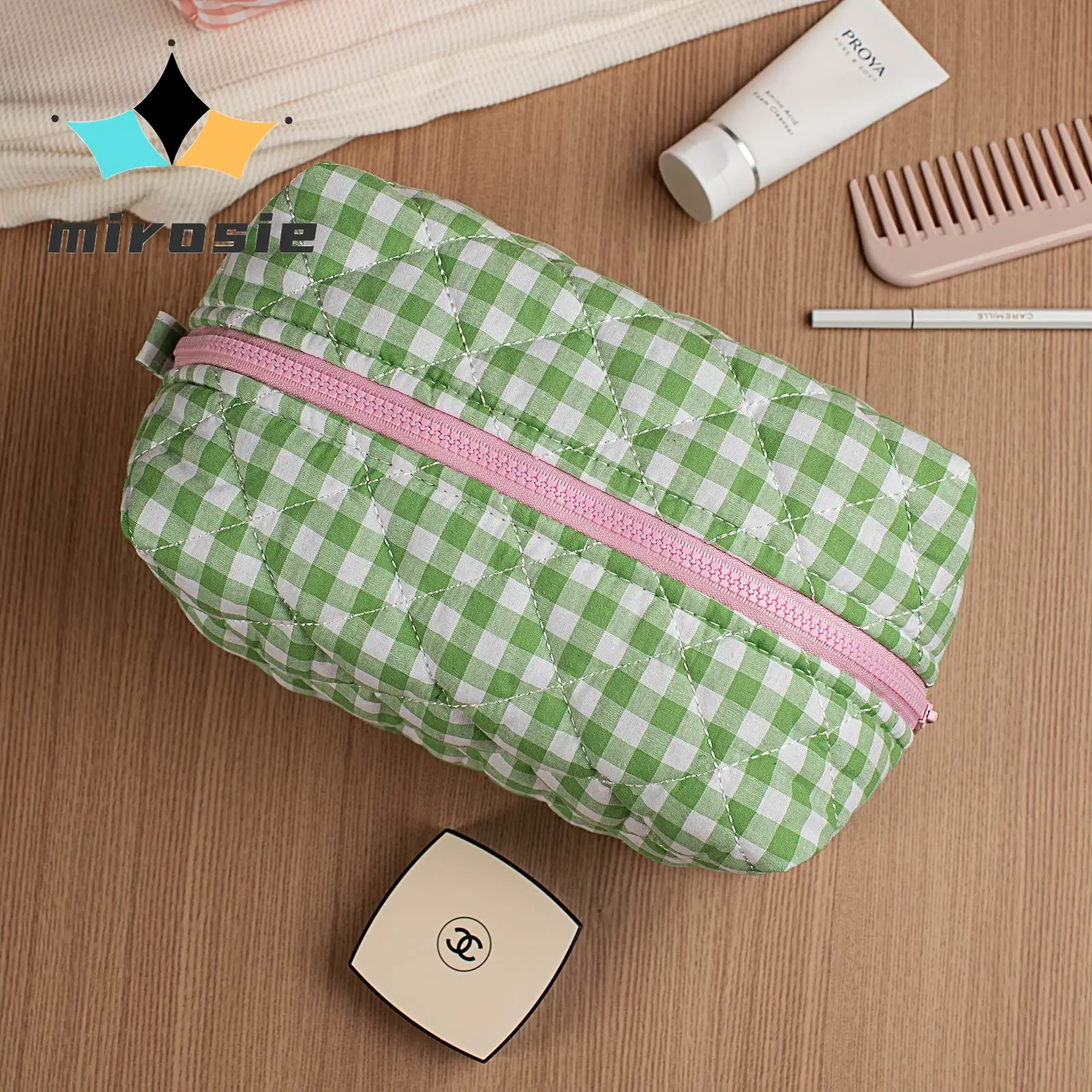 MIROSIE-Green Gingham Cosmetic Bag, Skincare Makeup Organizer, Perfect Gift, Washing Bag for Travel, Cosmetics Storage Bag