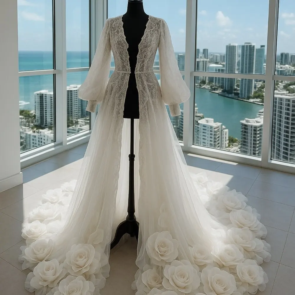 

Lace Bridal Coat – Vintage Long‑Sleeve Overcoat Deep V Neck, Puff Sleeves & Floral Lace Details Outerwear, Fashionable Oversized