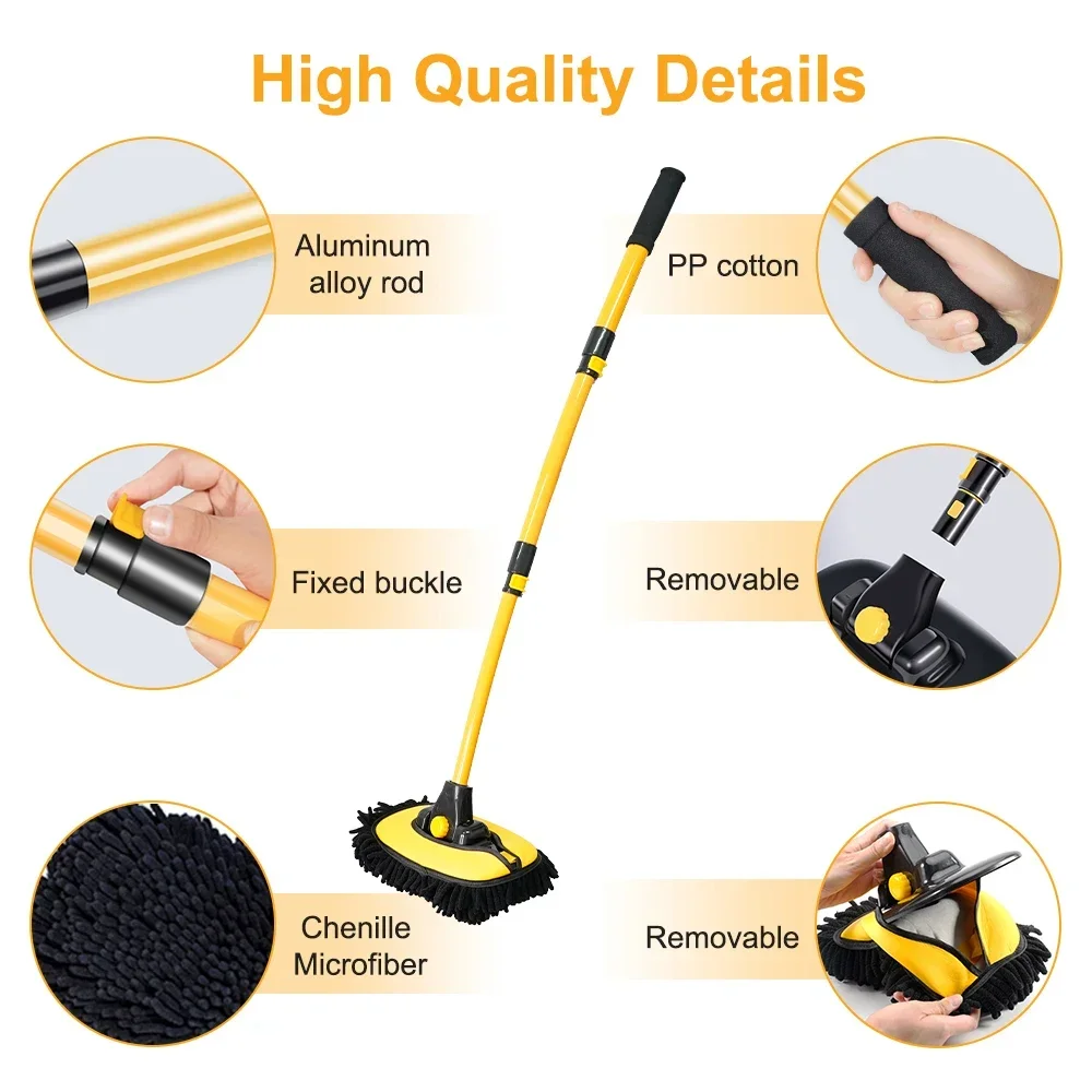 Car Wash Mop Set Telescopic Long Handle Curved Pole Super Absorbent Soft Velvet Replacement Head MultifunctionalCarCleaning Tool