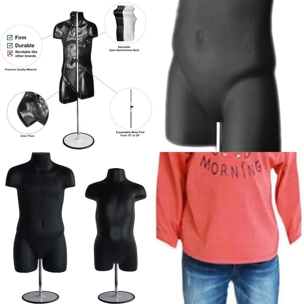 

Black Child and Toddler Hollow Back Mannequin Set with Stand, Pole, and Hooks for Display, Easy Assembly, Sizes 18MO-3T, 5T-7T (