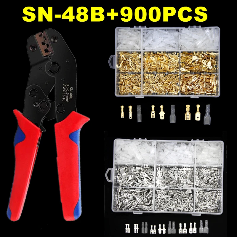 

900Pcs 2.8/4.8/6.3mm Insulated Male Female Wire Connector Electrical Crimp Terminals Spade Connectors SN-48B Plier Assorted Kit