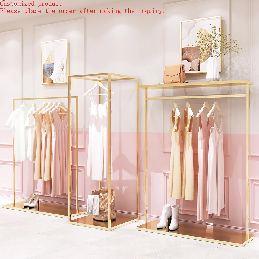 

Custom Heavy Duty Store Clothes Stand Metal Cloth Display Stainless Steel Shiny Gold Clothing Display Rack for Clothing Display