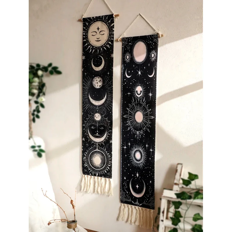 VIKAMA Tapisserie murale verticale à franges, motif soleil, lune, phases de lune et étoiles, décoration mystique, sorcière, bohème pour chambre à coucher