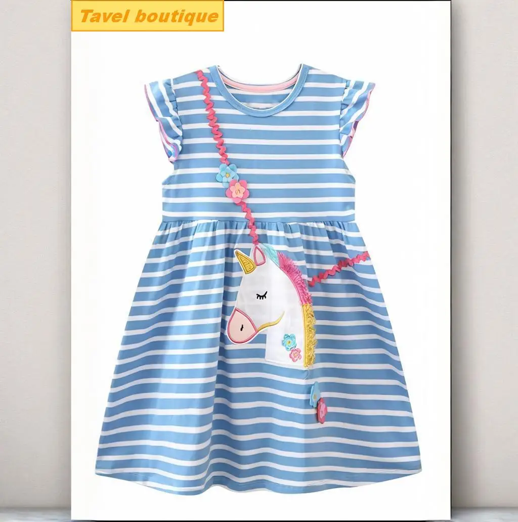 Girls Casual Ruffle Dress Cute Unicorn Appliqué Blue White Striped Cotton Kids Dress for Toddler Children 2-8Y