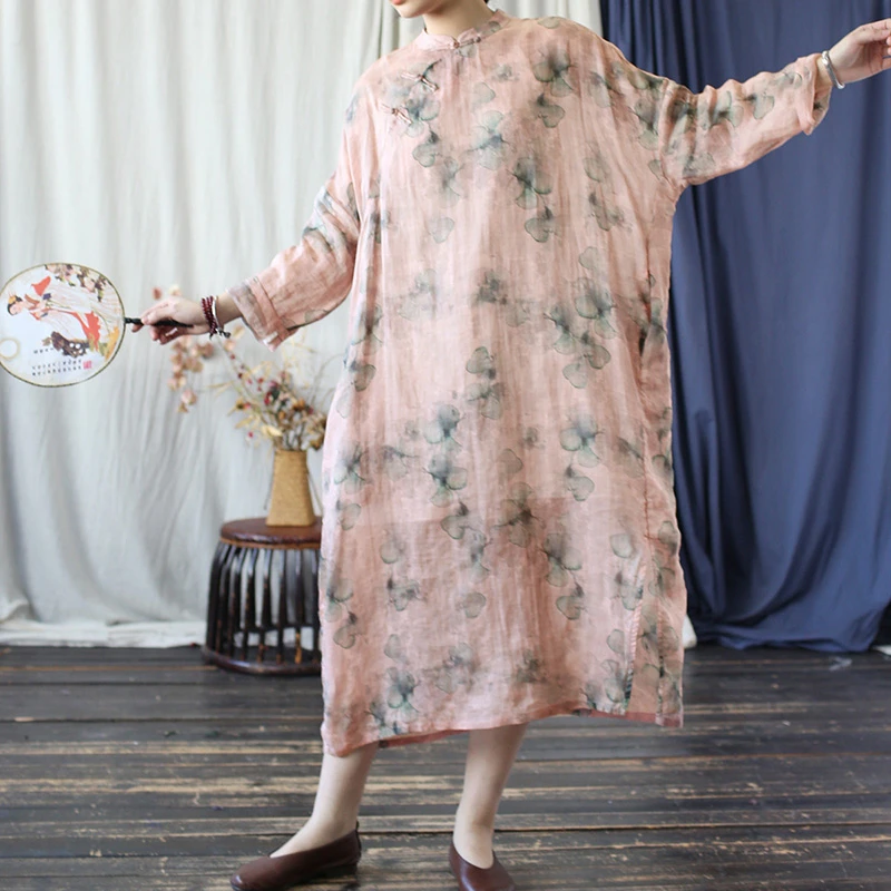 Vestido de lino informal para mujer, recién llegado, primavera 20220, estilo chino, Vintage, cuello mandarín, suelto, corte en A, vestidos largos T451