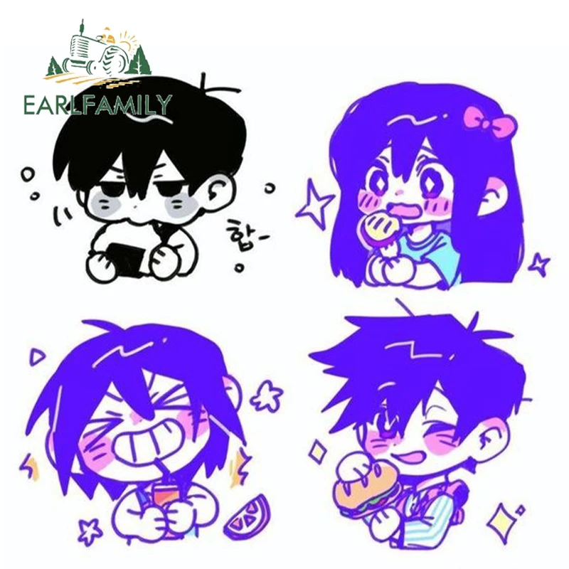 EARLFAMILY 13cm Omori Adorable Boys and Girl Car Stickers Personal Fashionable Cartoon Decals Cool Sunscreen Car Accessoires