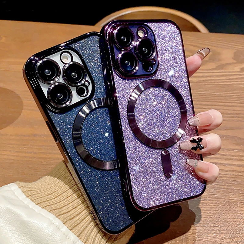 Electroplate With Lens Protector  Phone Case For iPhone 15 14 13 12 11 Pro Max For Magsafe Wireless Charge Bumper Glitter Cover