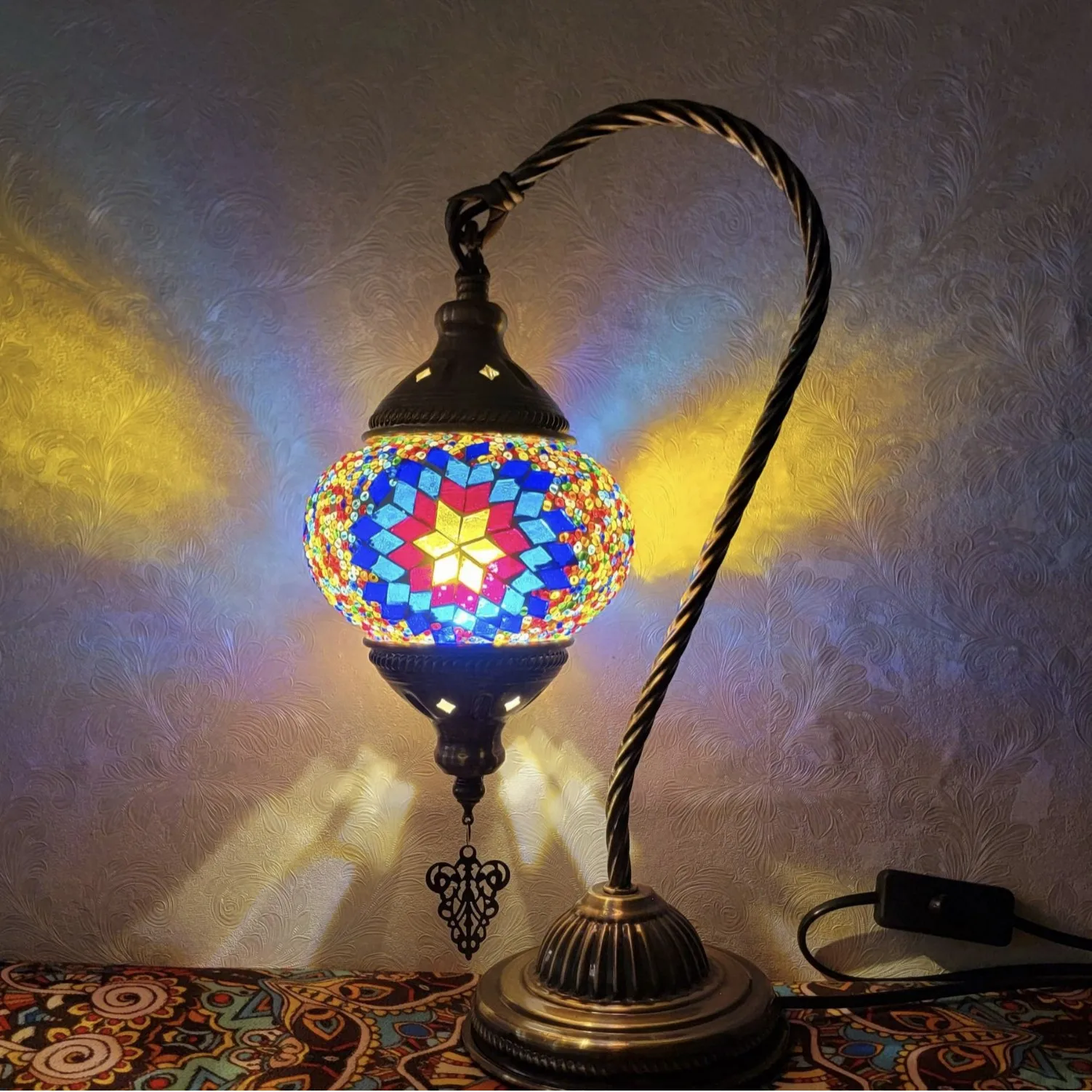 Vintage Turkish Boho Swan Neck Desk Lamp Hand Blown Color Glass Bedside Lamp Warm Bedroom Atmosphere Light