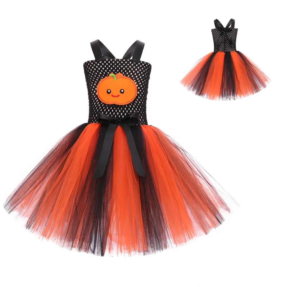 Children Halloween Cartoon Cute Pumpkin Printed Multi-layered Tutu Dress With Candy Bag And Headband For Holiday Party Fancy Set