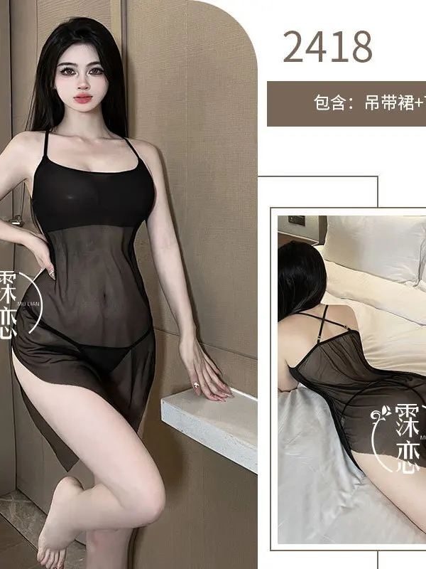 Renda pendurado pescoço irregular charme maduro elegante suave sólido preto estilingue saia tamanho grande transparente cama quente vestido sexy 8wyb