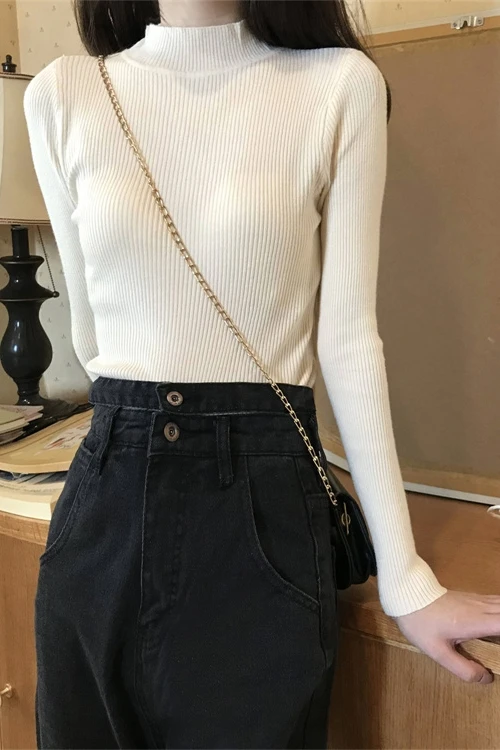 Autumn Winter Mock Neck Women Sweater Basic Solid Knitted Tops Casual Slim Pullover Korean Sweaters Simple Chic Jumpers 2024