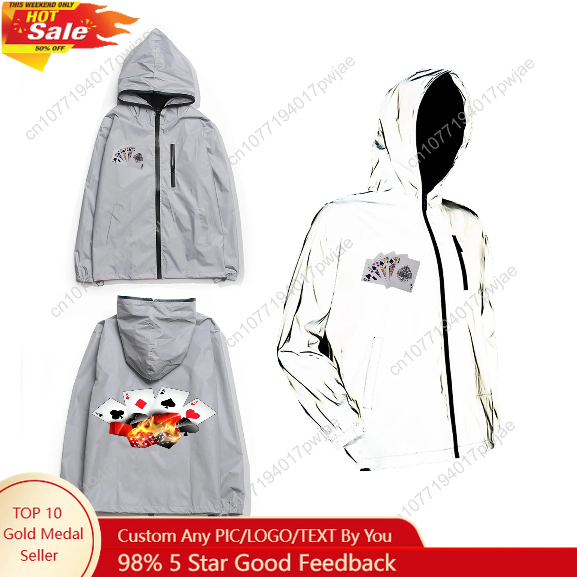 

Playing Card 3D Printed pattern Reflective Jacket Mens Women Coat Hooded Windbreaker Run Pocket Jackets Zipper Customized Hoodie