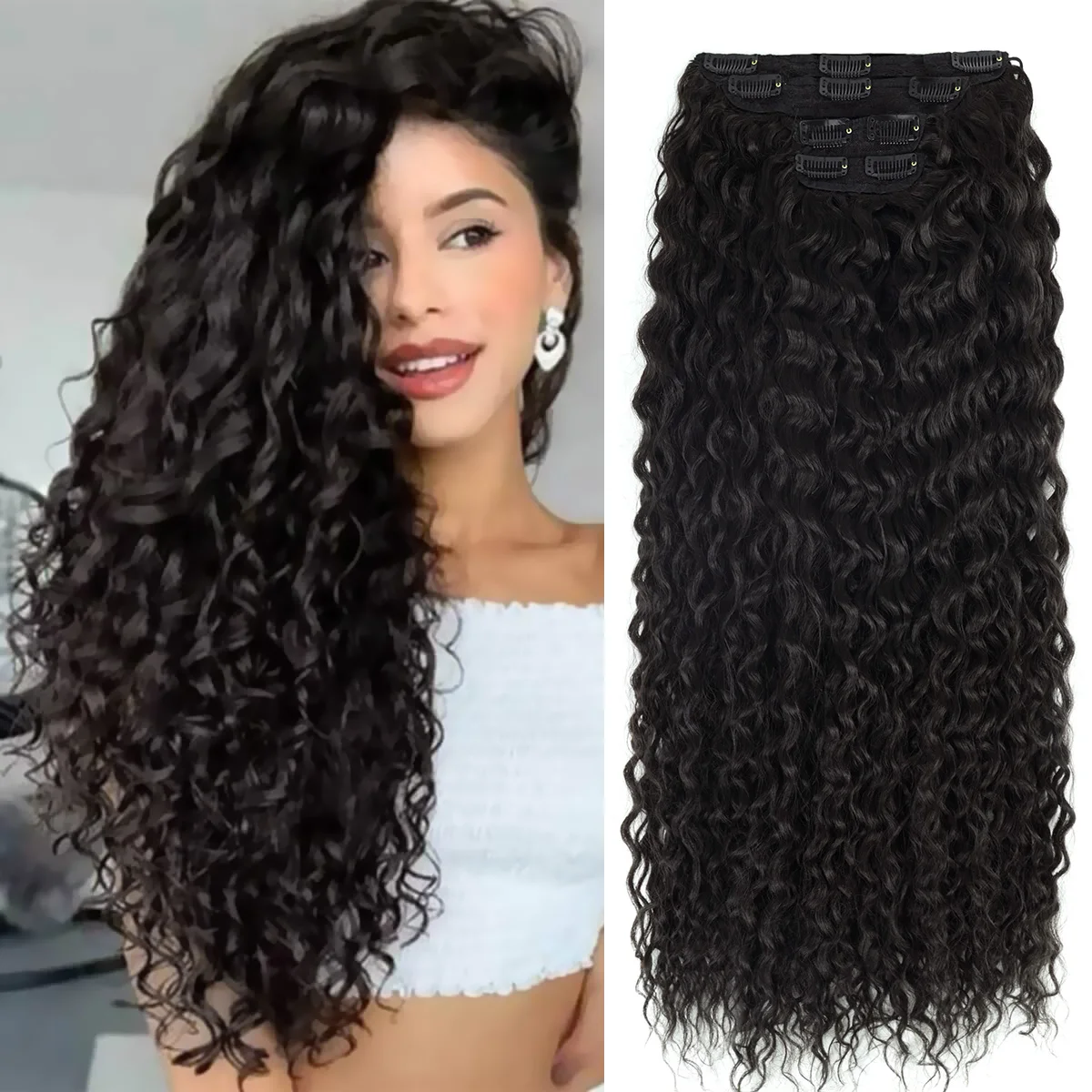 6PCS Curly Deep Wave Clip In Hair Extensions Protein Silk For Bridal Party Snapklik.com : Curly Clip In Hair Extensions, 6PCS Curly  main image 3