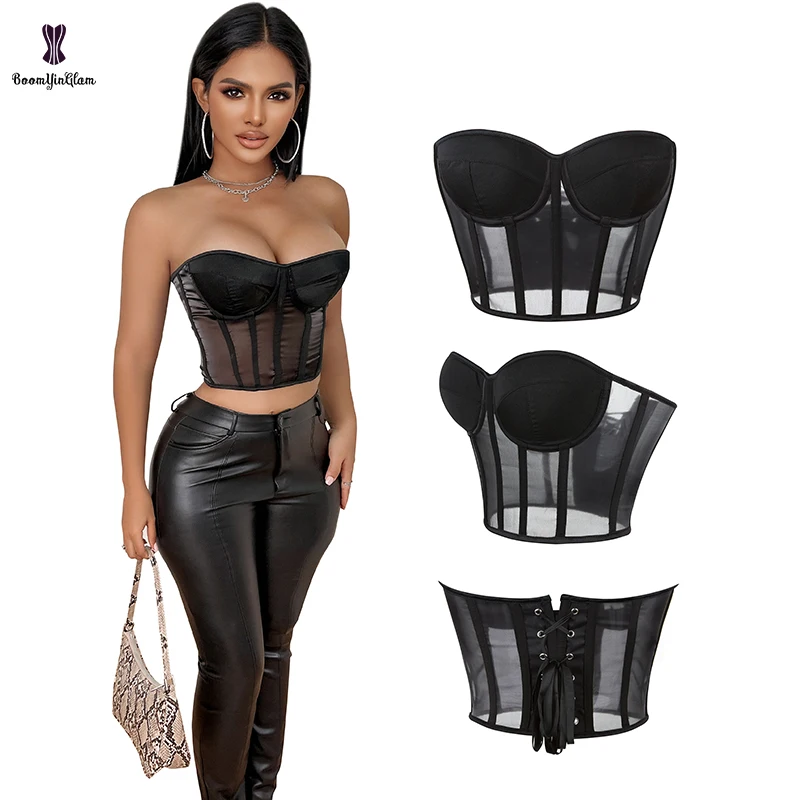 

Lace Up Boned Vest Cropped Top Black See Through Mesh Lingerie Bustier Padded Bra Strapless Corset Shaper For Women