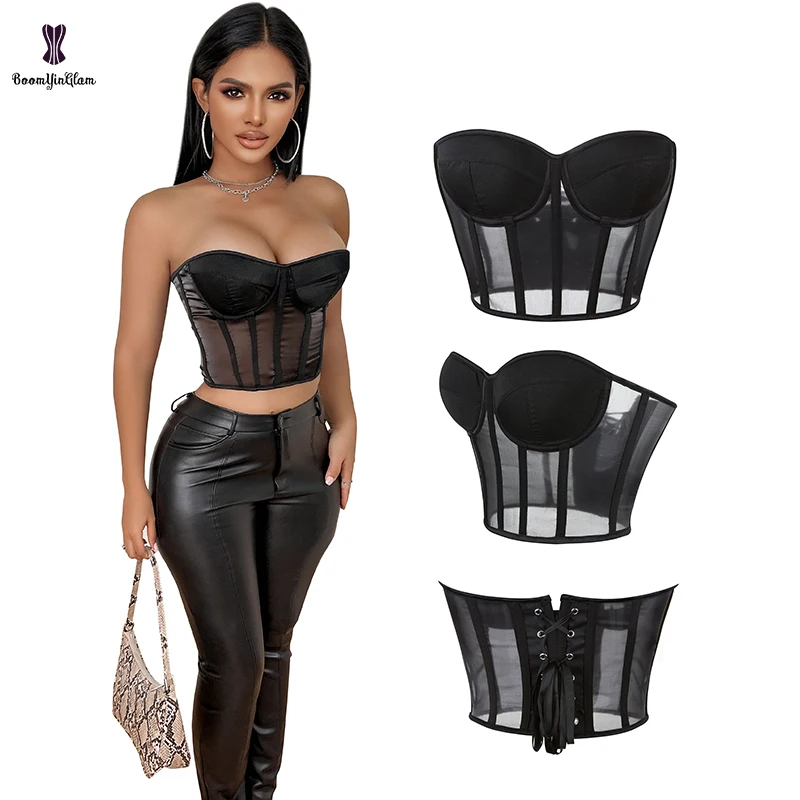 13 Glue Boned Breathable Strapless Backless Black Mesh Korsett With Bra Padded Plus Size Bustier Corset Top For Women