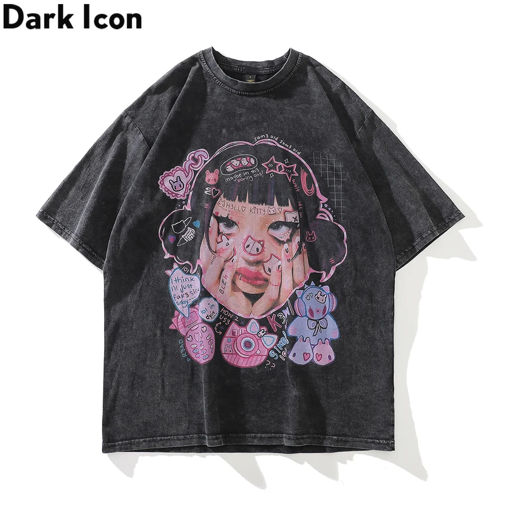 

Dark Icon No Hand Feeling Printing Spoof Men's Tshirts Washed Cotton Hip Hop T-shirt Men Oversized Tee