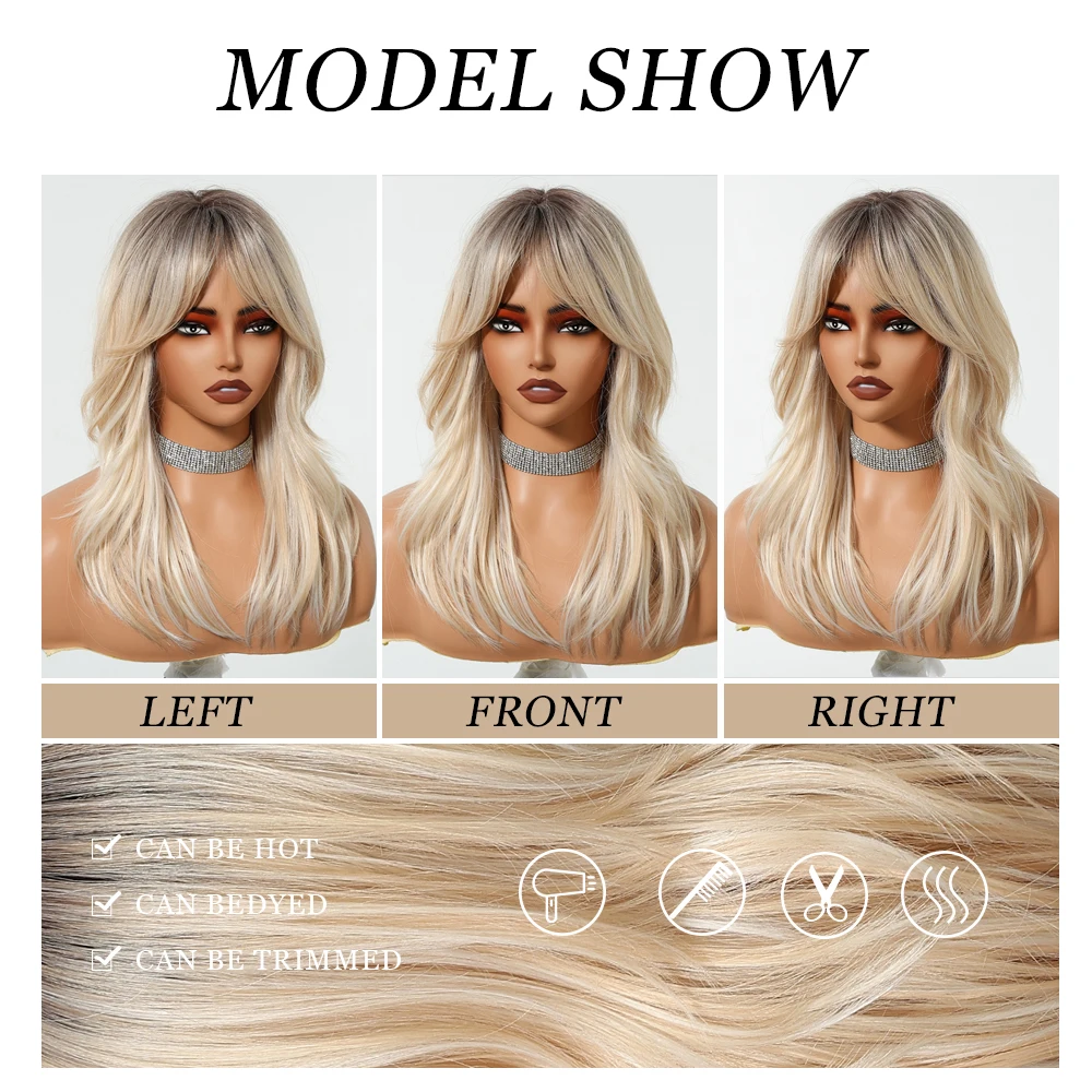 Ombre Platinum Blonde Synthetic Wig with Bangs Medium Length Layered Wigs for Women Natural Cosplay Party Hair Heat Resistant