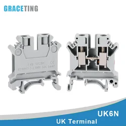 50Pcs/Box UK6N Terminal Block Screw Clamp Connector DIN Rail 800V 57A 6mm2 Universal Brass Wiring Voltage Terminal