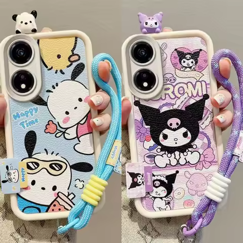 For OPPO Reno 14 13 Pro 12 14F 13F 12F 11F 8 7 Lite 5 5Z 6Z 5F 4 4F 7Z Phone Case 3D Ear Sanrio Kuromi Wrist Strap Cartoon Cover