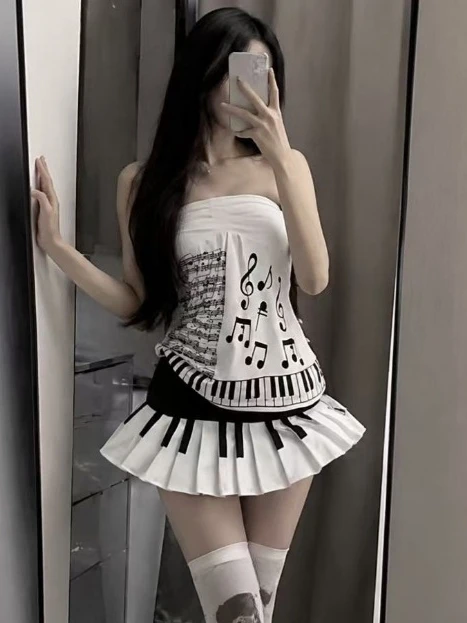 2026 Y2K Mini Skirt Two Piece Outfits Women Printed Piano Sleeveless Crop Vest American Vintage Japanese Subculture Summer Sets