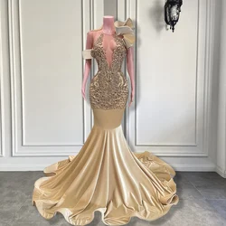 Rsvppap Elegant Prom Dresses 2026 Sexy Mermaid Style Luxury Diamond Champagne Velvet African Black Girls Prom Dress