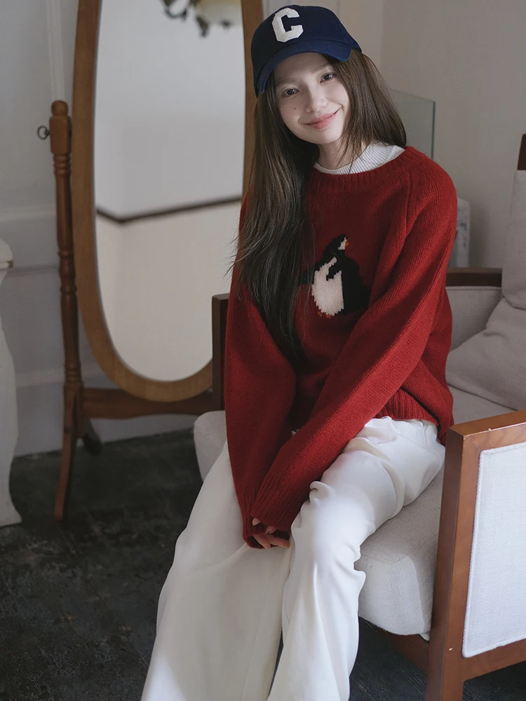 

Warm Long Sve round Ne Knitted Sweater Cute Penguin Pattern Autumn Winter New Arrival Women's Loose Fit Woolen Sweater