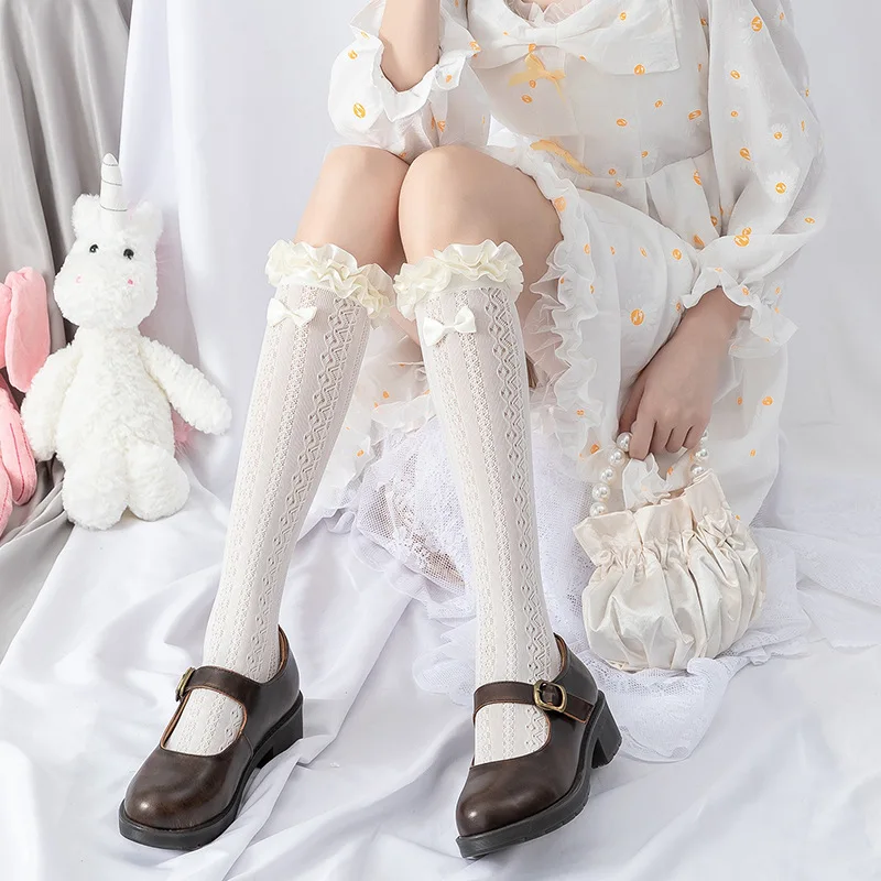 Japanese Lolita Bowknot Stockings Girl Lace Thigh High Socks Long Tube Stockings Summer Ruffles Hosiery Cosplay Dress Accessory