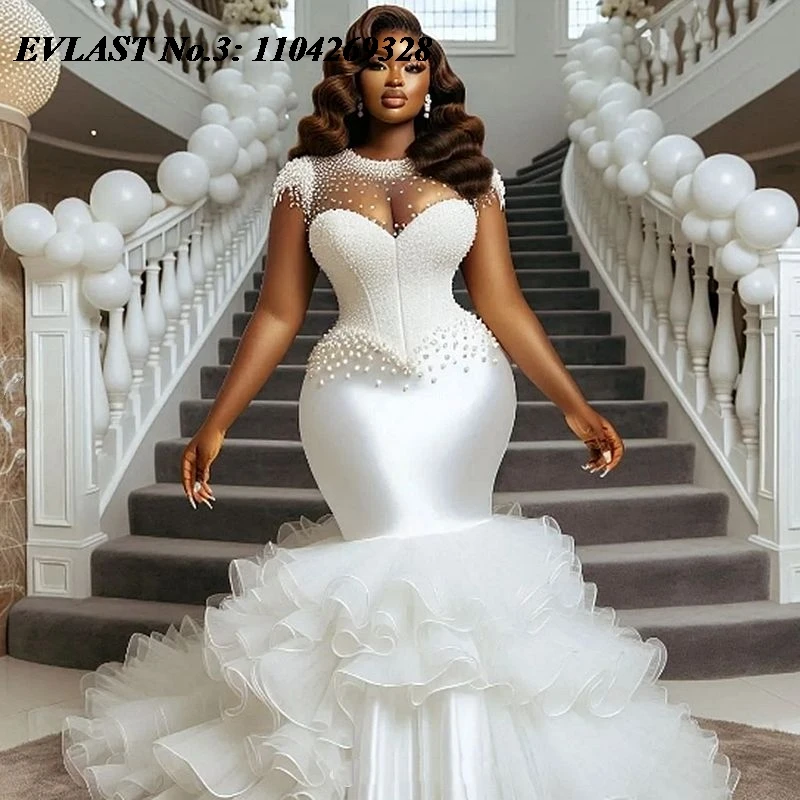 

EVLAST Customized Mermaid Wedding Dress Black Women African Pearls Beading Applique Tiered Bridal Gown Vestidos De Novia E3W32