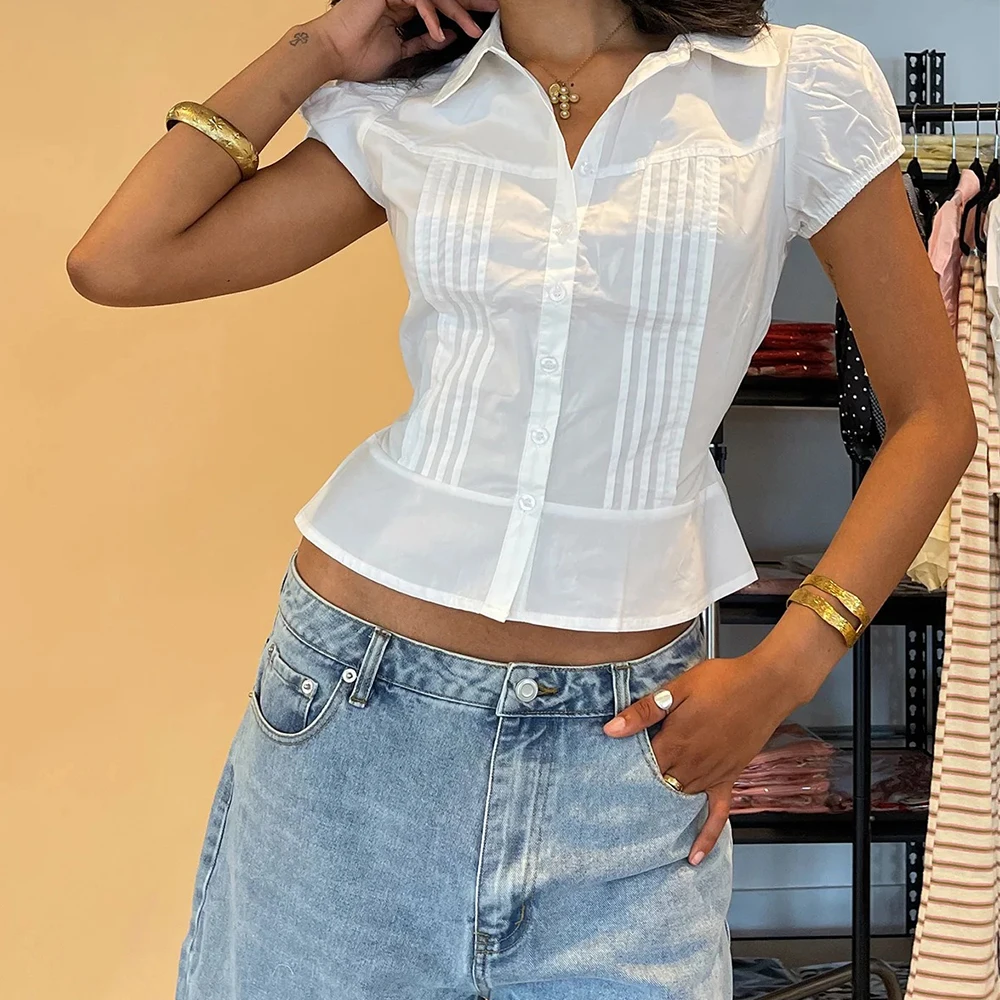 Frauen Kawaii Y2k Kurzarm Button-Down Plissee Bluse Shirts Preppy Coquette Vintage Slim Fit Ausgehen Shirts Crop Tops