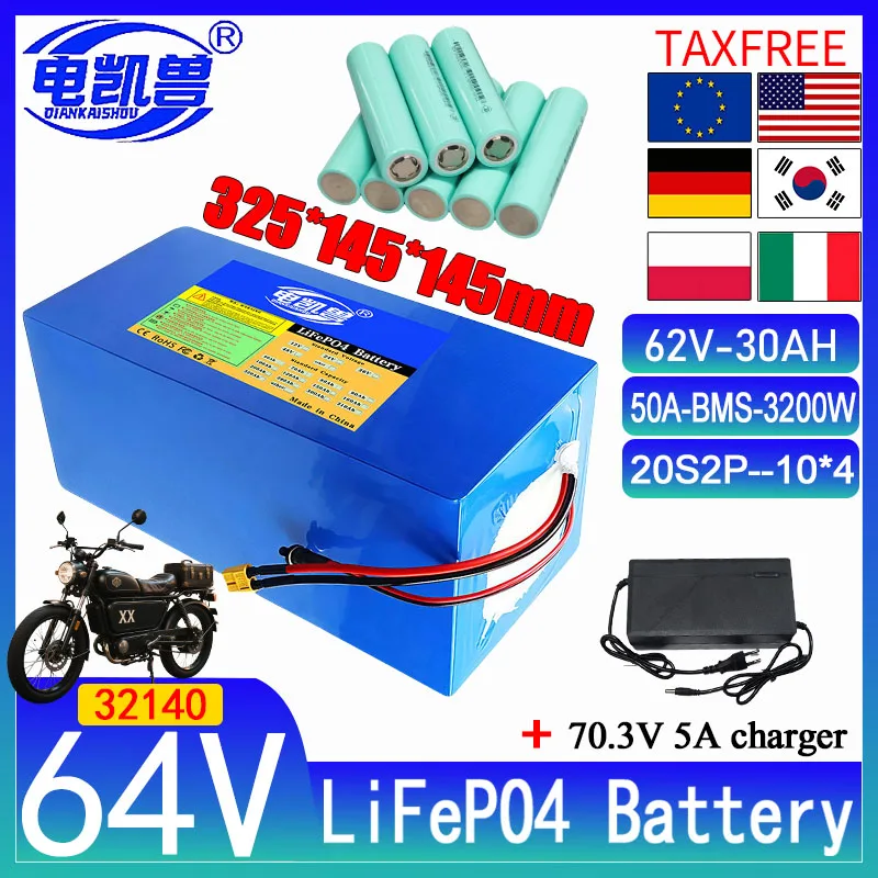 

32140 New 64V 30Ah LiFePo4 Battery Rechargeable Battery Pack 20S2P Built in BMS 3200W Motor High Power 70.3V+5A Charger duty-fre