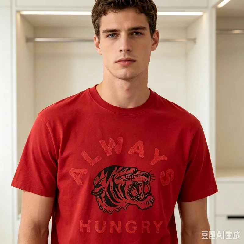 Always Hungry Tiger Head Graphic Men T‑Shirt, Cotton,Retro Animal Tee,Streetwear Casual Gym Workout Party Daily Short Sleeve Top