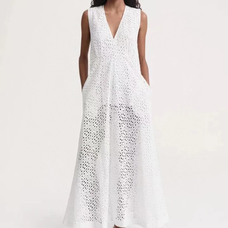 

2023 New Women Flower Lace Embroidery Long Dress V Neck Sleeveless Hollow Out Souble Waist A-line long dress