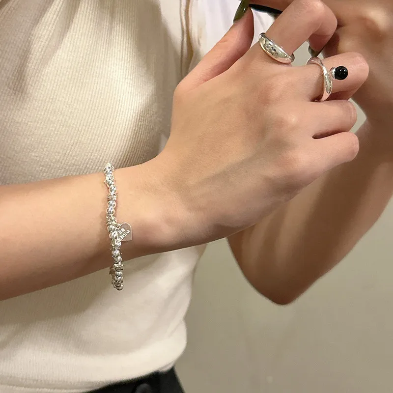 S925 Sterling Silver Geometric Diamond Crushed Silver Bracelet Texture Bead Stretch Bracelet Ins Niche Design Bracelet