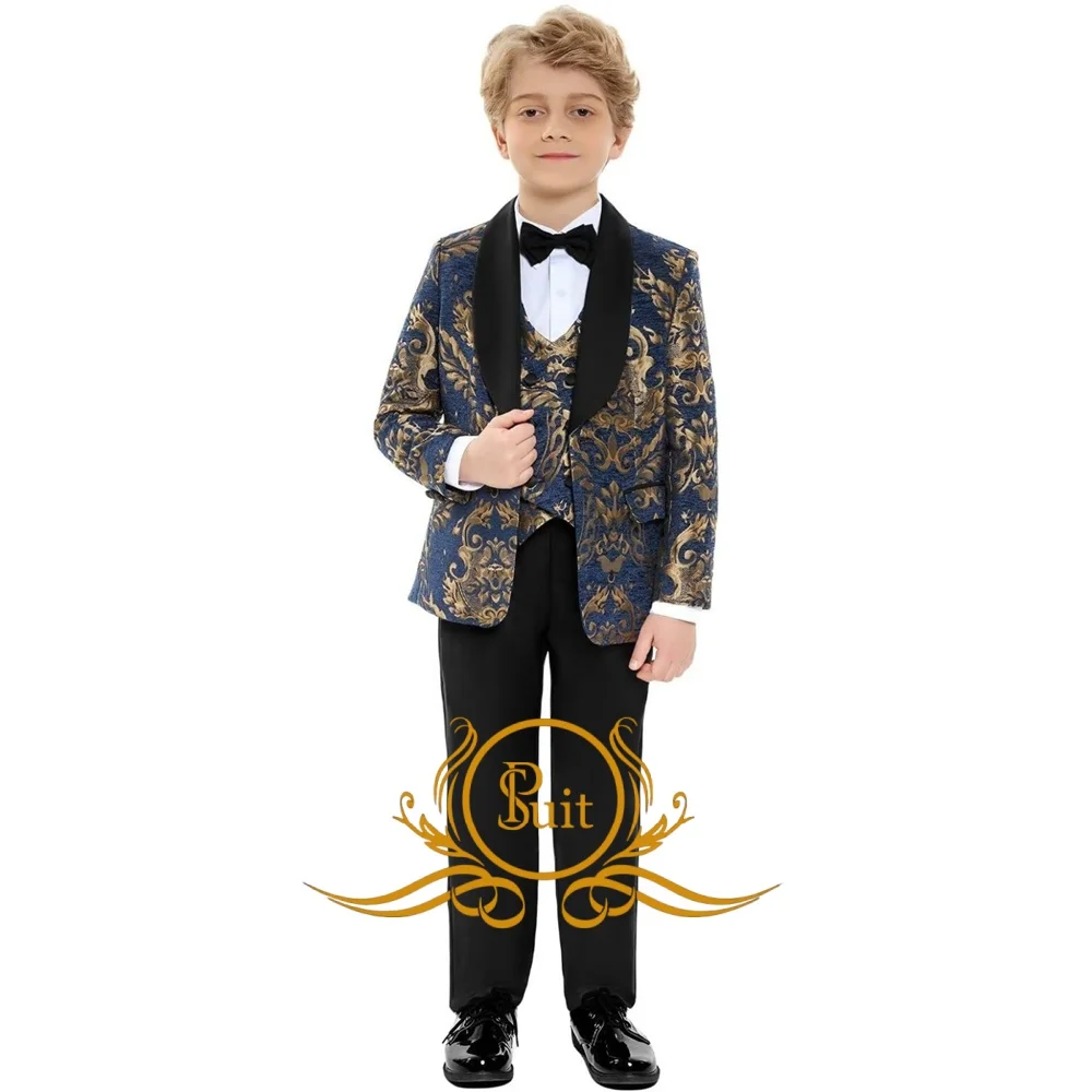 

Gold Jacquard Boy's Suit 3 Pieces Set Formal Slim Fit Boys Tuxedo Floral Jacket Pants Vest for Wedding Party