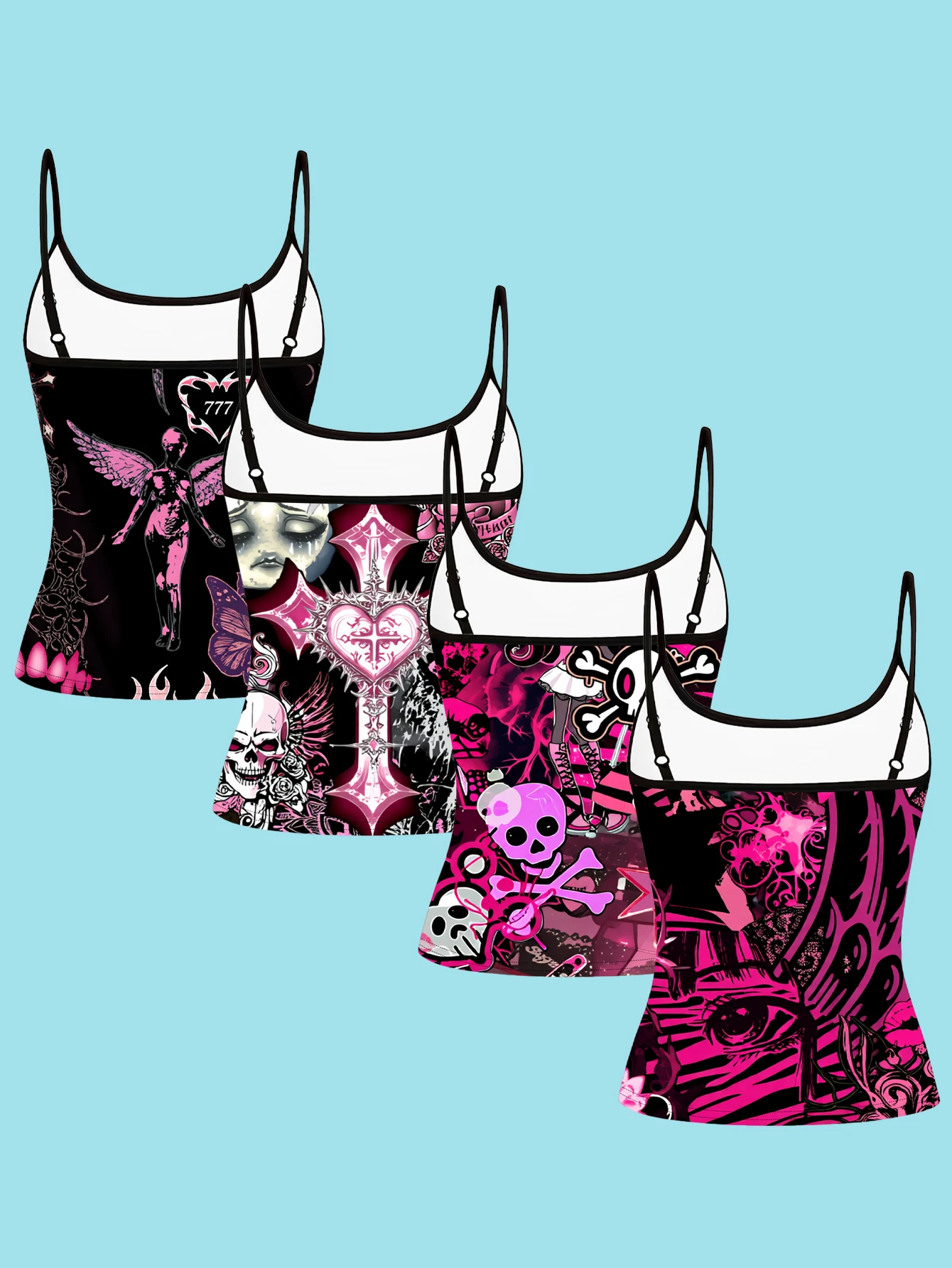 4-Piece Set of Women's Y2K Pink and Black Gothic Print Camisoles with Angel Cross Cartoon Girl Skull Design, Slim-Fit Spaghetti Strap Inner Tops