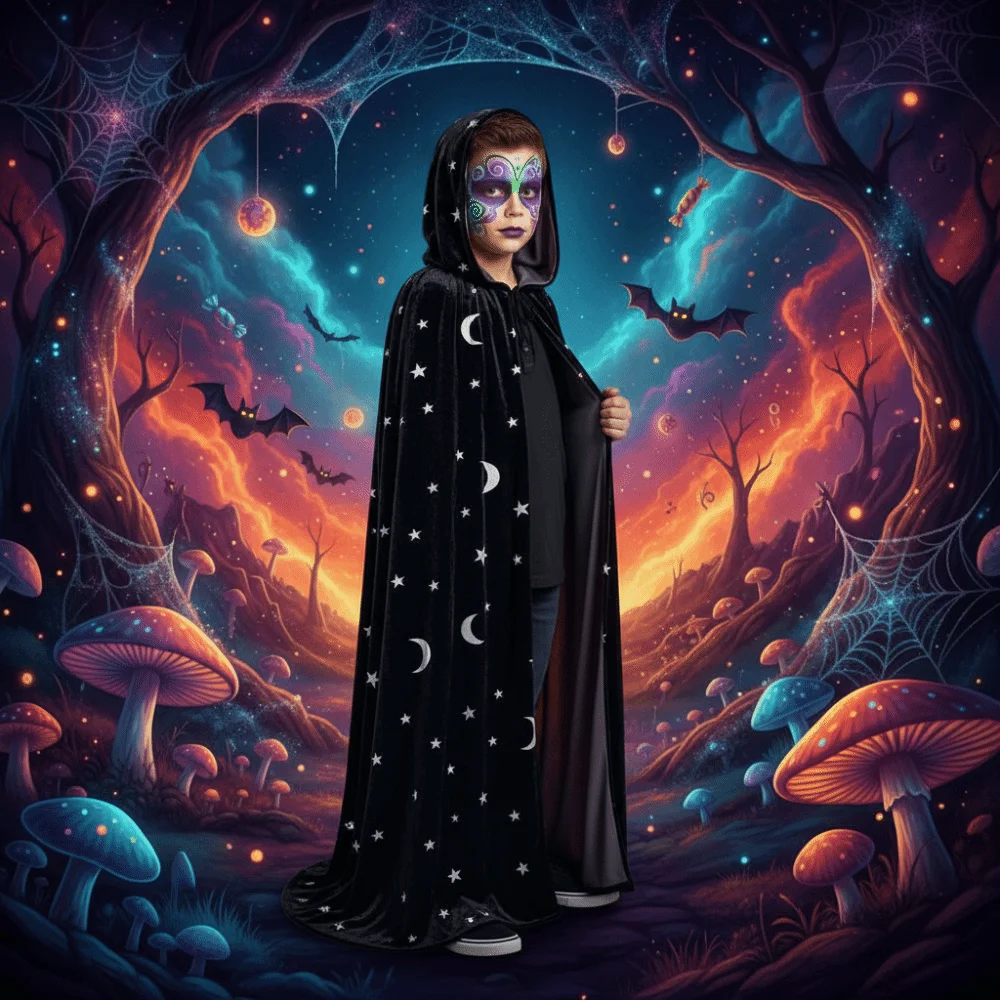 Tie Up Closure Velvet Hooded Cloak Soft Fabric Flowy Drape Star Moon Cape Wrinkle Resistant with Hood Costume Robe Ball