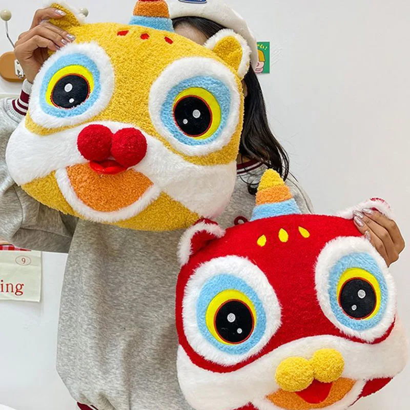 Chinese Traditional Lion Dance Mahjong Plush Pillow Squishy Stuffed Animal Lucky Cushion for Home Decor New Year Festival Gift