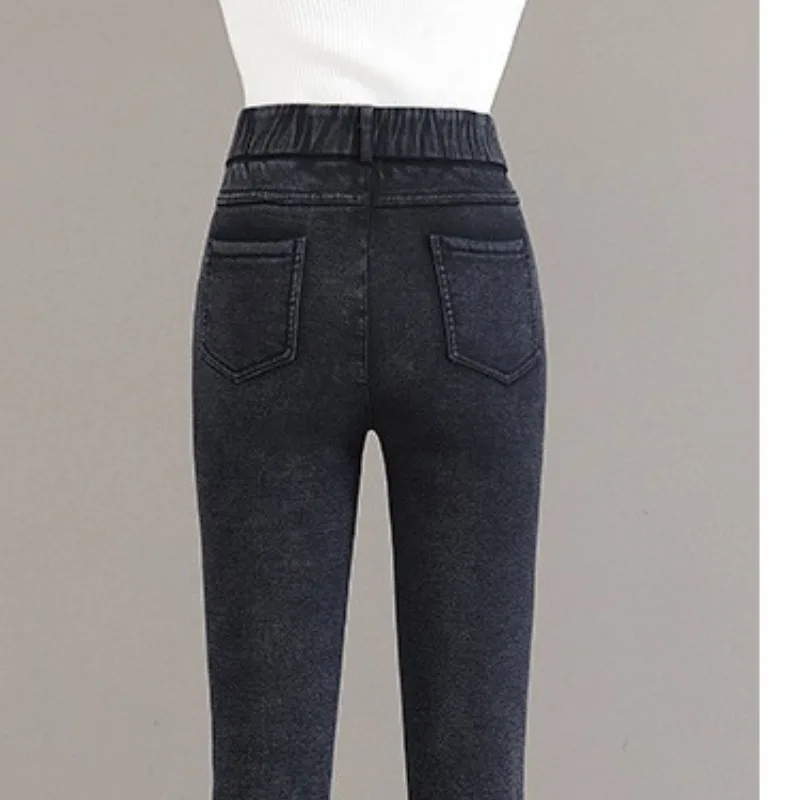 Autumn and Winter Women's High Waist Patchwork Pockets Slim Solid Color Fashion Casual Elegant Commuter Denim Straight Leg Pants